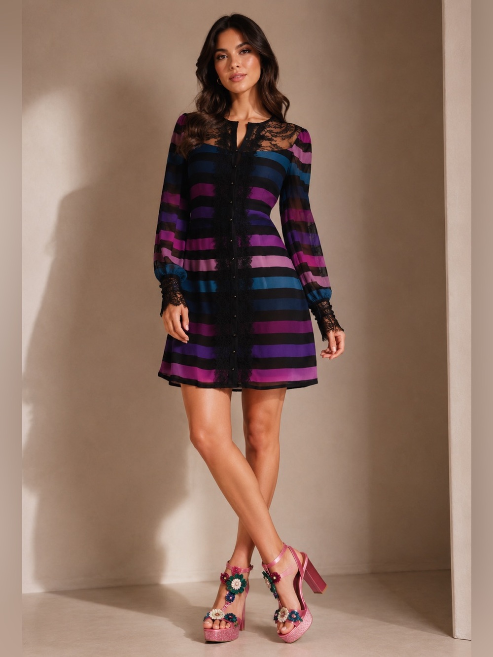 Nanette Lepore multi stripe/lace cocktail dress